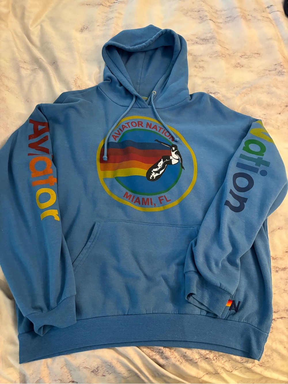 Aviator Nation Light Blue Crewneck Hoodie with Rainbow Logo